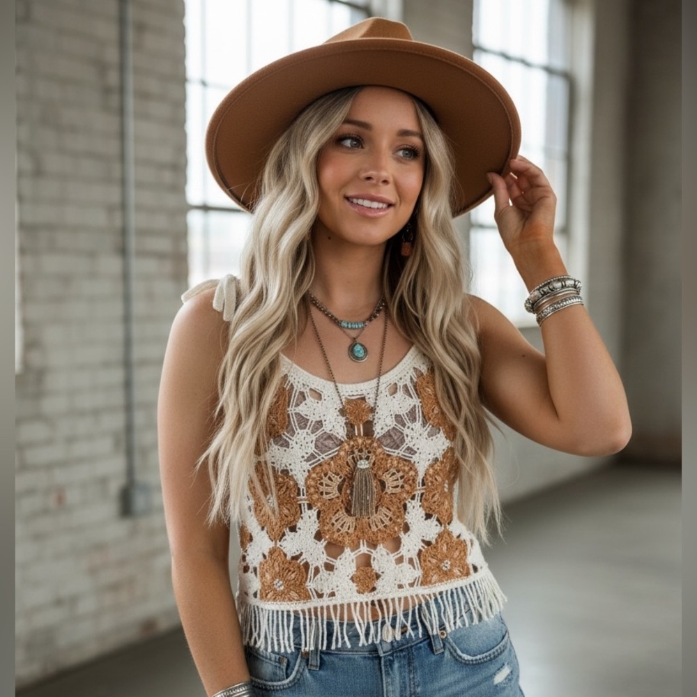 NWT POL Boho Granny Crochet Hippie Fringe Floral Crop Tank Top Cropped Cami - Picture 10 of 10